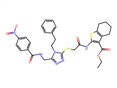ethyl 2-{2-[(5-{[(4-nitrophenyl)formamido]methyl}-4-(2-phenylethyl)-4H-1,2,4-triazol-3-yl)sulfanyl]acetamido}-4,5,6,7-tetrahydro-1-benzothiophene-3-carboxylate structure