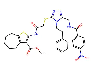 ethyl 2-{2-[(5-{[(4-nitrophenyl)formamido]methyl}-4-(2-phenylethyl)-4H-1,2,4-triazol-3-yl)sulfanyl]acetamido}-4H,5H,6H,7H,8H-cyclohepta[b]thiophene-3-carboxylate structure