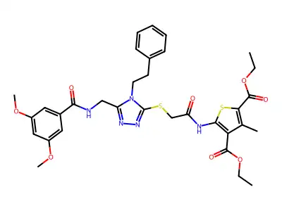 diethyl 5-(2-((5-((3,5-dimethoxybenzamido)methyl)-4-phenethyl-4H-1,2,4-triazol-3-yl)thio)acetamido)-3-methylthiophene-2,4-dicarboxylate structure