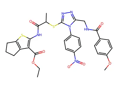ethyl 2-{2-[(5-{[(4-methoxyphenyl)formamido]methyl}-4-(4-nitrophenyl)-4H-1,2,4-triazol-3-yl)sulfanyl]propanamido}-4H,5H,6H-cyclopenta[b]thiophene-3-carboxylate structure