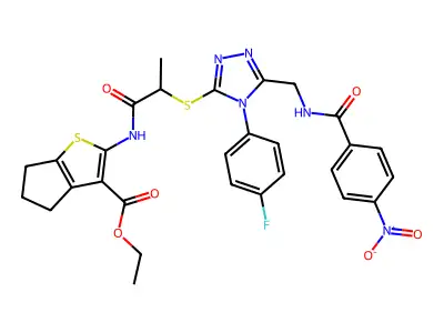 ethyl 2-(2-{[4-(4-fluorophenyl)-5-{[(4-nitrophenyl)formamido]methyl}-4H-1,2,4-triazol-3-yl]sulfanyl}propanamido)-4H,5H,6H-cyclopenta[b]thiophene-3-carboxylate structure