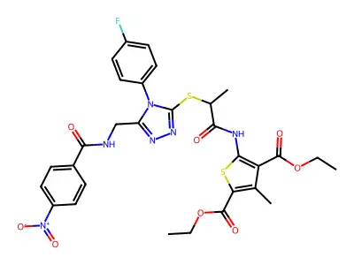 2,4-diethyl 5-(2-{[4-(4-fluorophenyl)-5-{[(4-nitrophenyl)formamido]methyl}-4H-1,2,4-triazol-3-yl]sulfanyl}propanamido)-3-methylthiophene-2,4-dicarboxylate structure