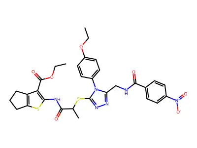 ethyl 2-(2-{[4-(4-ethoxyphenyl)-5-{[(4-nitrophenyl)formamido]methyl}-4H-1,2,4-triazol-3-yl]sulfanyl}propanamido)-4H,5H,6H-cyclopenta[b]thiophene-3-carboxylate structure