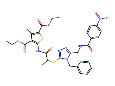 2,4-diethyl 5-{2-[(4-benzyl-5-{[(4-nitrophenyl)formamido]methyl}-4H-1,2,4-triazol-3-yl)sulfanyl]propanamido}-3-methylthiophene-2,4-dicarboxylate structure
