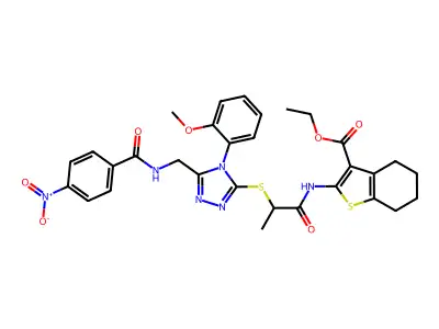 ethyl 2-(2-{[4-(2-methoxyphenyl)-5-{[(4-nitrophenyl)formamido]methyl}-4H-1,2,4-triazol-3-yl]sulfanyl}propanamido)-4,5,6,7-tetrahydro-1-benzothiophene-3-carboxylate structure