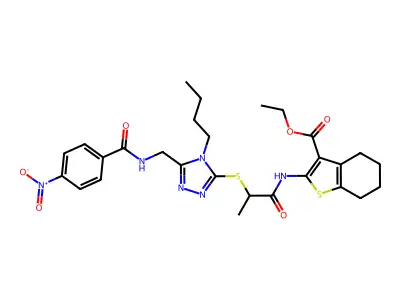ethyl 2-{2-[(4-butyl-5-{[(4-nitrophenyl)formamido]methyl}-4H-1,2,4-triazol-3-yl)sulfanyl]propanamido}-4,5,6,7-tetrahydro-1-benzothiophene-3-carboxylate structure