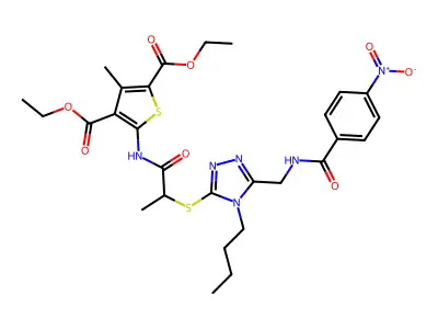 diethyl 5-(2-((4-butyl-5-((4-nitrobenzamido)methyl)-4H-1,2,4-triazol-3-yl)thio)propanamido)-3-methylthiophene-2,4-dicarboxylate structure