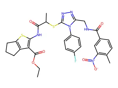 ethyl 2-(2-{[4-(4-fluorophenyl)-5-{[(4-methyl-3-nitrophenyl)formamido]methyl}-4H-1,2,4-triazol-3-yl]sulfanyl}propanamido)-4H,5H,6H-cyclopenta[b]thiophene-3-carboxylate structure