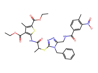 2,4-diethyl 5-{2-[(4-benzyl-5-{[(4-methyl-3-nitrophenyl)formamido]methyl}-4H-1,2,4-triazol-3-yl)sulfanyl]propanamido}-3-methylthiophene-2,4-dicarboxylate structure