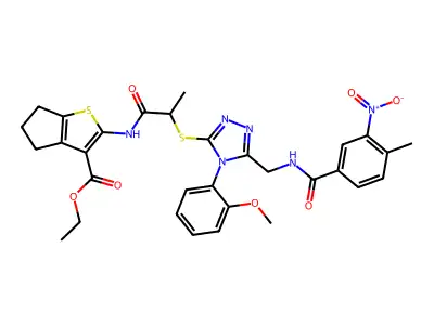 ethyl 2-(2-{[4-(2-methoxyphenyl)-5-{[(4-methyl-3-nitrophenyl)formamido]methyl}-4H-1,2,4-triazol-3-yl]sulfanyl}propanamido)-4H,5H,6H-cyclopenta[b]thiophene-3-carboxylate structure
