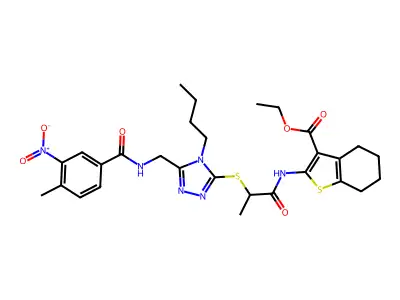 ethyl 2-{2-[(4-butyl-5-{[(4-methyl-3-nitrophenyl)formamido]methyl}-4H-1,2,4-triazol-3-yl)sulfanyl]propanamido}-4,5,6,7-tetrahydro-1-benzothiophene-3-carboxylate structure