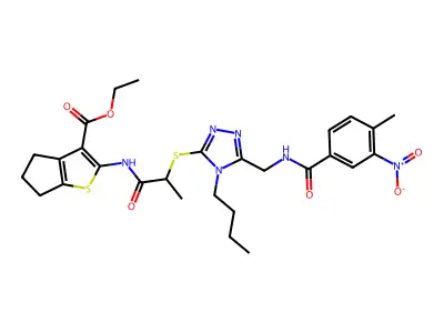 ethyl 2-{2-[(4-butyl-5-{[(4-methyl-3-nitrophenyl)formamido]methyl}-4H-1,2,4-triazol-3-yl)sulfanyl]propanamido}-4H,5H,6H-cyclopenta[b]thiophene-3-carboxylate structure