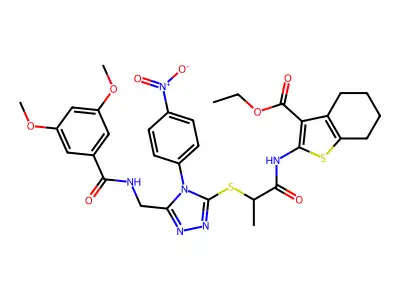 ethyl 2-{2-[(5-{[(3,5-dimethoxyphenyl)formamido]methyl}-4-(4-nitrophenyl)-4H-1,2,4-triazol-3-yl)sulfanyl]propanamido}-4,5,6,7-tetrahydro-1-benzothiophene-3-carboxylate structure