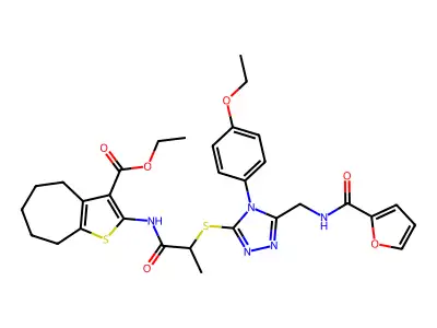 ethyl 2-(2-((4-(4-ethoxyphenyl)-5-((furan-2-carboxamido)methyl)-4H-1,2,4-triazol-3-yl)thio)propanamido)-5,6,7,8-tetrahydro-4H-cyclohepta[b]thiophene-3-carboxylate structure