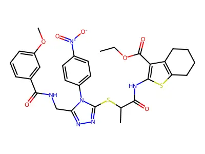 ethyl 2-{2-[(5-{[(3-methoxyphenyl)formamido]methyl}-4-(4-nitrophenyl)-4H-1,2,4-triazol-3-yl)sulfanyl]propanamido}-4,5,6,7-tetrahydro-1-benzothiophene-3-carboxylate structure