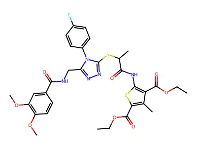 diethyl 5-(2-((5-((3,4-dimethoxybenzamido)methyl)-4-(4-fluorophenyl)-4H-1,2,4-triazol-3-yl)thio)propanamido)-3-methylthiophene-2,4-dicarboxylate structure