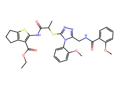 ethyl 2-(2-{[4-(2-methoxyphenyl)-5-{[(2-methoxyphenyl)formamido]methyl}-4H-1,2,4-triazol-3-yl]sulfanyl}propanamido)-4H,5H,6H-cyclopenta[b]thiophene-3-carboxylate structure