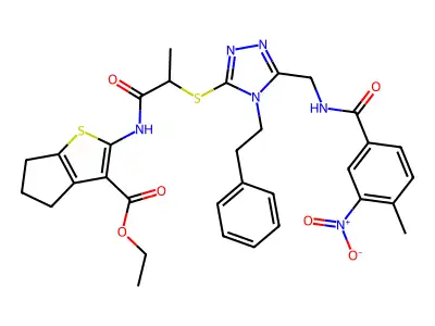 ethyl 2-{2-[(5-{[(4-methyl-3-nitrophenyl)formamido]methyl}-4-(2-phenylethyl)-4H-1,2,4-triazol-3-yl)sulfanyl]propanamido}-4H,5H,6H-cyclopenta[b]thiophene-3-carboxylate structure