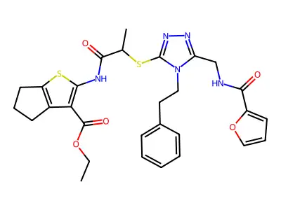 ethyl 2-(2-((5-((furan-2-carboxamido)methyl)-4-phenethyl-4H-1,2,4-triazol-3-yl)thio)propanamido)-5,6-dihydro-4H-cyclopenta[b]thiophene-3-carboxylate structure
