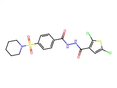 2,5-dichloro-N'-(4-(piperidin-1-ylsulfonyl)benzoyl)thiophene-3-carbohydrazide structure