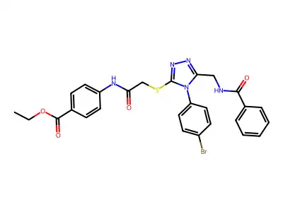 ethyl 4-(2-((5-(benzamidomethyl)-4-(4-bromophenyl)-4H-1,2,4-triazol-3-yl)thio)acetamido)benzoate structure