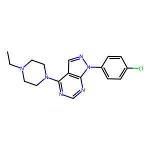 1-(4-chlorophenyl)-4-(4-ethylpiperazin-1-yl)-1H-pyrazolo[3,4-d]pyrimidine structure