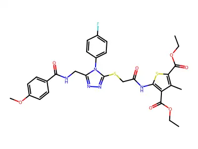 2,4-diethyl 5-(2-{[4-(4-fluorophenyl)-5-{[(4-methoxyphenyl)formamido]methyl}-4H-1,2,4-triazol-3-yl]sulfanyl}acetamido)-3-methylthiophene-2,4-dicarboxylate structure