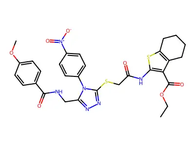ethyl 2-{2-[(5-{[(4-methoxyphenyl)formamido]methyl}-4-(4-nitrophenyl)-4H-1,2,4-triazol-3-yl)sulfanyl]acetamido}-4,5,6,7-tetrahydro-1-benzothiophene-3-carboxylate structure