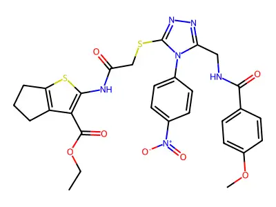 ethyl 2-{2-[(5-{[(4-methoxyphenyl)formamido]methyl}-4-(4-nitrophenyl)-4H-1,2,4-triazol-3-yl)sulfanyl]acetamido}-4H,5H,6H-cyclopenta[b]thiophene-3-carboxylate structure