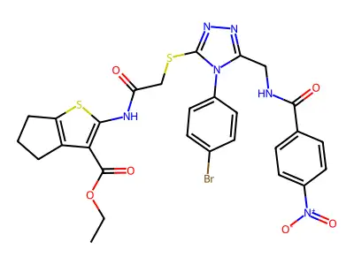 ethyl 2-(2-{[4-(4-bromophenyl)-5-{[(4-nitrophenyl)formamido]methyl}-4H-1,2,4-triazol-3-yl]sulfanyl}acetamido)-4H,5H,6H-cyclopenta[b]thiophene-3-carboxylate structure