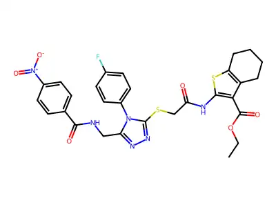 ethyl 2-(2-{[4-(4-fluorophenyl)-5-{[(4-nitrophenyl)formamido]methyl}-4H-1,2,4-triazol-3-yl]sulfanyl}acetamido)-4,5,6,7-tetrahydro-1-benzothiophene-3-carboxylate structure