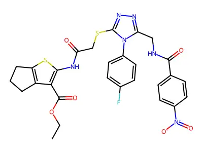 ethyl 2-(2-{[4-(4-fluorophenyl)-5-{[(4-nitrophenyl)formamido]methyl}-4H-1,2,4-triazol-3-yl]sulfanyl}acetamido)-4H,5H,6H-cyclopenta[b]thiophene-3-carboxylate structure