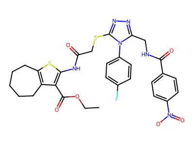 ethyl 2-(2-{[4-(4-fluorophenyl)-5-{[(4-nitrophenyl)formamido]methyl}-4H-1,2,4-triazol-3-yl]sulfanyl}acetamido)-4H,5H,6H,7H,8H-cyclohepta[b]thiophene-3-carboxylate structure