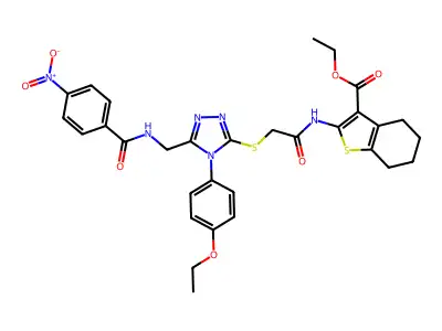 ethyl 2-(2-{[4-(4-ethoxyphenyl)-5-{[(4-nitrophenyl)formamido]methyl}-4H-1,2,4-triazol-3-yl]sulfanyl}acetamido)-4,5,6,7-tetrahydro-1-benzothiophene-3-carboxylate structure