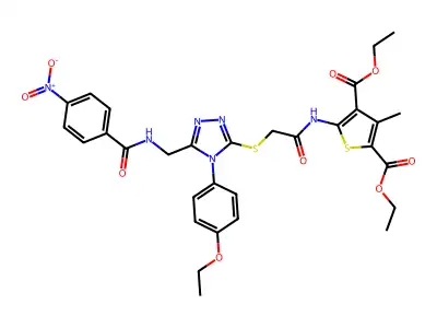 2,4-diethyl 5-(2-{[4-(4-ethoxyphenyl)-5-{[(4-nitrophenyl)formamido]methyl}-4H-1,2,4-triazol-3-yl]sulfanyl}acetamido)-3-methylthiophene-2,4-dicarboxylate structure