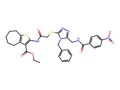 ethyl 2-(2-((4-benzyl-5-((4-nitrobenzamido)methyl)-4H-1,2,4-triazol-3-yl)thio)acetamido)-5,6,7,8-tetrahydro-4H-cyclohepta[b]thiophene-3-carboxylate structure