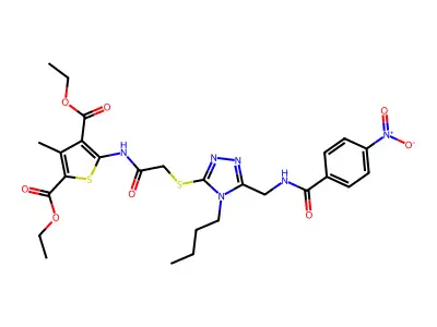 2,4-diethyl 5-{2-[(4-butyl-5-{[(4-nitrophenyl)formamido]methyl}-4H-1,2,4-triazol-3-yl)sulfanyl]acetamido}-3-methylthiophene-2,4-dicarboxylate structure
