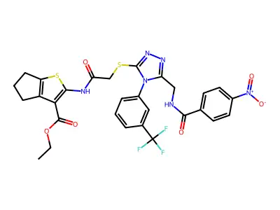 ethyl 2-{2-[(5-{[(4-nitrophenyl)formamido]methyl}-4-[3-(trifluoromethyl)phenyl]-4H-1,2,4-triazol-3-yl)sulfanyl]acetamido}-4H,5H,6H-cyclopenta[b]thiophene-3-carboxylate structure