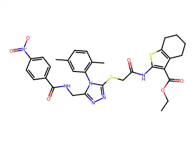ethyl 2-(2-{[4-(2,5-dimethylphenyl)-5-{[(4-nitrophenyl)formamido]methyl}-4H-1,2,4-triazol-3-yl]sulfanyl}acetamido)-4,5,6,7-tetrahydro-1-benzothiophene-3-carboxylate structure