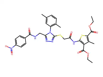 2,4-diethyl 5-(2-{[4-(2,5-dimethylphenyl)-5-{[(4-nitrophenyl)formamido]methyl}-4H-1,2,4-triazol-3-yl]sulfanyl}acetamido)-3-methylthiophene-2,4-dicarboxylate structure