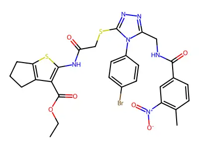 ethyl 2-(2-{[4-(4-bromophenyl)-5-{[(4-methyl-3-nitrophenyl)formamido]methyl}-4H-1,2,4-triazol-3-yl]sulfanyl}acetamido)-4H,5H,6H-cyclopenta[b]thiophene-3-carboxylate structure