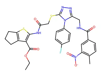 ethyl 2-(2-{[4-(4-fluorophenyl)-5-{[(4-methyl-3-nitrophenyl)formamido]methyl}-4H-1,2,4-triazol-3-yl]sulfanyl}acetamido)-4H,5H,6H-cyclopenta[b]thiophene-3-carboxylate structure