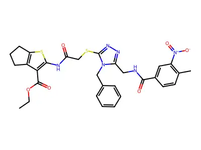 ethyl 2-{2-[(4-benzyl-5-{[(4-methyl-3-nitrophenyl)formamido]methyl}-4H-1,2,4-triazol-3-yl)sulfanyl]acetamido}-4H,5H,6H-cyclopenta[b]thiophene-3-carboxylate structure