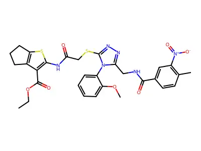 ethyl 2-(2-{[4-(2-methoxyphenyl)-5-{[(4-methyl-3-nitrophenyl)formamido]methyl}-4H-1,2,4-triazol-3-yl]sulfanyl}acetamido)-4H,5H,6H-cyclopenta[b]thiophene-3-carboxylate structure