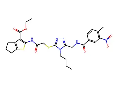 ethyl 2-{2-[(4-butyl-5-{[(4-methyl-3-nitrophenyl)formamido]methyl}-4H-1,2,4-triazol-3-yl)sulfanyl]acetamido}-4H,5H,6H-cyclopenta[b]thiophene-3-carboxylate structure