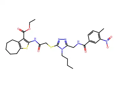 ethyl 2-{2-[(4-butyl-5-{[(4-methyl-3-nitrophenyl)formamido]methyl}-4H-1,2,4-triazol-3-yl)sulfanyl]acetamido}-4H,5H,6H,7H,8H-cyclohepta[b]thiophene-3-carboxylate structure