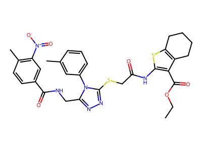 ethyl 2-{2-[(5-{[(4-methyl-3-nitrophenyl)formamido]methyl}-4-(3-methylphenyl)-4H-1,2,4-triazol-3-yl)sulfanyl]acetamido}-4,5,6,7-tetrahydro-1-benzothiophene-3-carboxylate structure