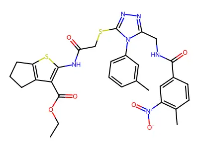 ethyl 2-{2-[(5-{[(4-methyl-3-nitrophenyl)formamido]methyl}-4-(3-methylphenyl)-4H-1,2,4-triazol-3-yl)sulfanyl]acetamido}-4H,5H,6H-cyclopenta[b]thiophene-3-carboxylate structure