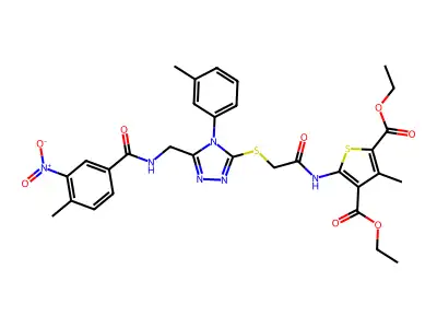 diethyl 3-methyl-5-(2-((5-((4-methyl-3-nitrobenzamido)methyl)-4-(m-tolyl)-4H-1,2,4-triazol-3-yl)thio)acetamido)thiophene-2,4-dicarboxylate structure
