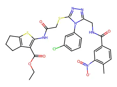 ethyl 2-(2-{[4-(3-chlorophenyl)-5-{[(4-methyl-3-nitrophenyl)formamido]methyl}-4H-1,2,4-triazol-3-yl]sulfanyl}acetamido)-4H,5H,6H-cyclopenta[b]thiophene-3-carboxylate structure